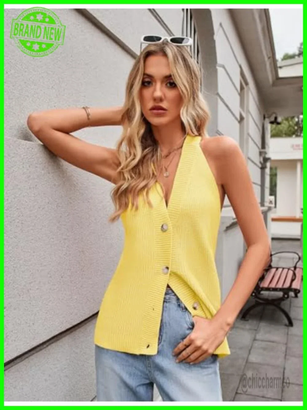 Button Down V Neck Sleeveless Cardigan Sweater Vest Knit Tank Top